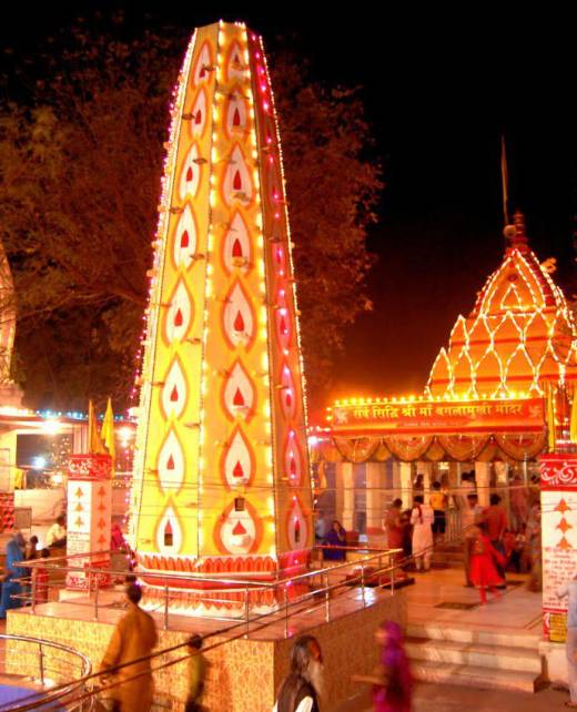Megha Navratri at Baglamukhi Mata Mandir: A stunning view of the temple adorned with festive lights and decorations during the auspicious occasion.