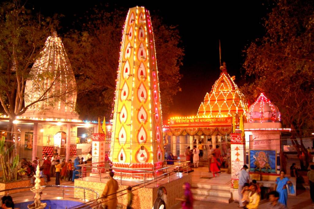 Megha Navratri at Baglamukhi Mata Mandir: A stunning view of the temple adorned with festive lights and decorations during the auspicious occasion.