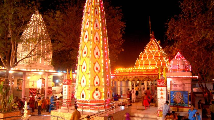 Megha Navratri at Baglamukhi Mata Mandir: A stunning view of the temple adorned with festive lights and decorations during the auspicious occasion.