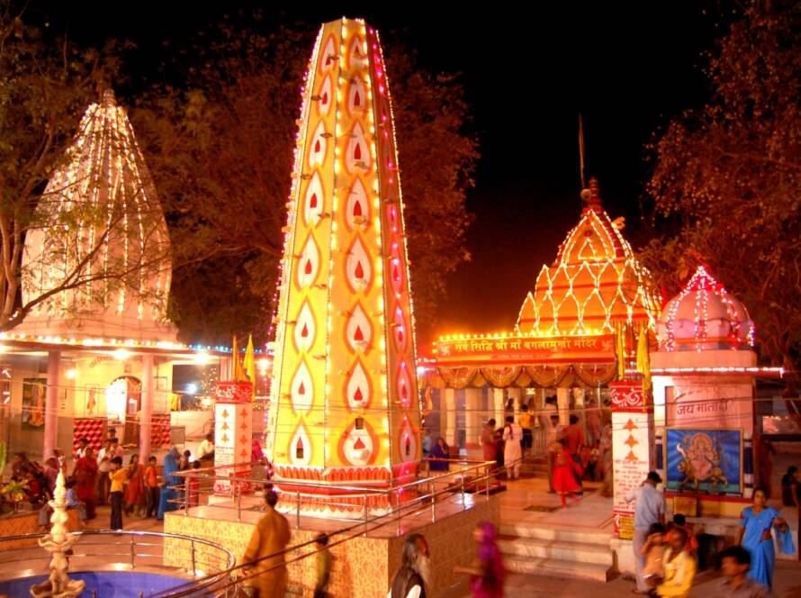 Megha Navratri at Baglamukhi Mata Mandir: A stunning view of the temple adorned with festive lights and decorations during the auspicious occasion.