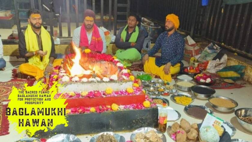 Image depicting a Baglamukhi Hawan ceremony, featuring participants seated around a sacred fire, offering prayers and performing rituals to honor the divine goddess Baglamukhi