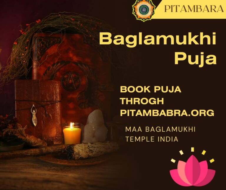 An intricately adorned altar featuring sacred symbols and vibrant flowers, set for the Baglamukhi Special Puja, radiating spiritual reverence and devotion.