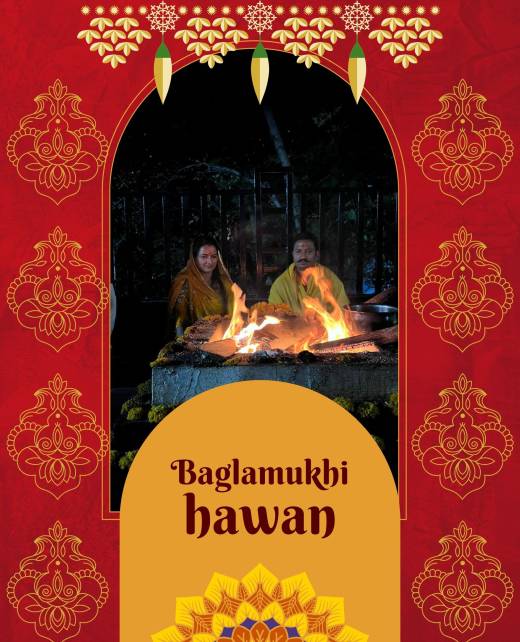 : A vibrant image depicting devotees performing the Baglamukhi Hawan, surrounded by flames and fragrant smoke, invoking the divine energy of the goddess Baglamukhi through sacred fire offerings and chanting, embodying spiritual devotion and reverence.